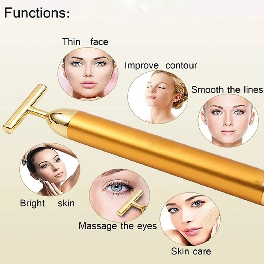 Beauty Bar 24K Facial Massager, T-Shape Electric Face Roller Massage, Pull Tight Firming Lift Tools for Sensitive Skin (Black)