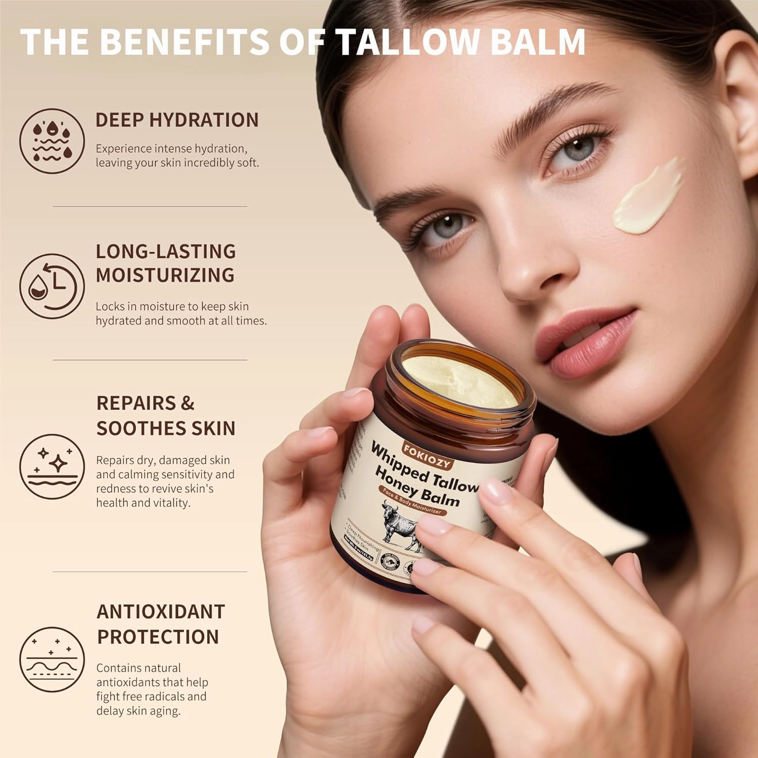 Beef Tallow for Skin, 100% Grass-Fed Whipped Beef Tallow Honey Balm for Face and Body, Tallow Face Moisturizer with Jojoba Oil, Shea Butter for Sensitive, Dry Skin - 5 oz