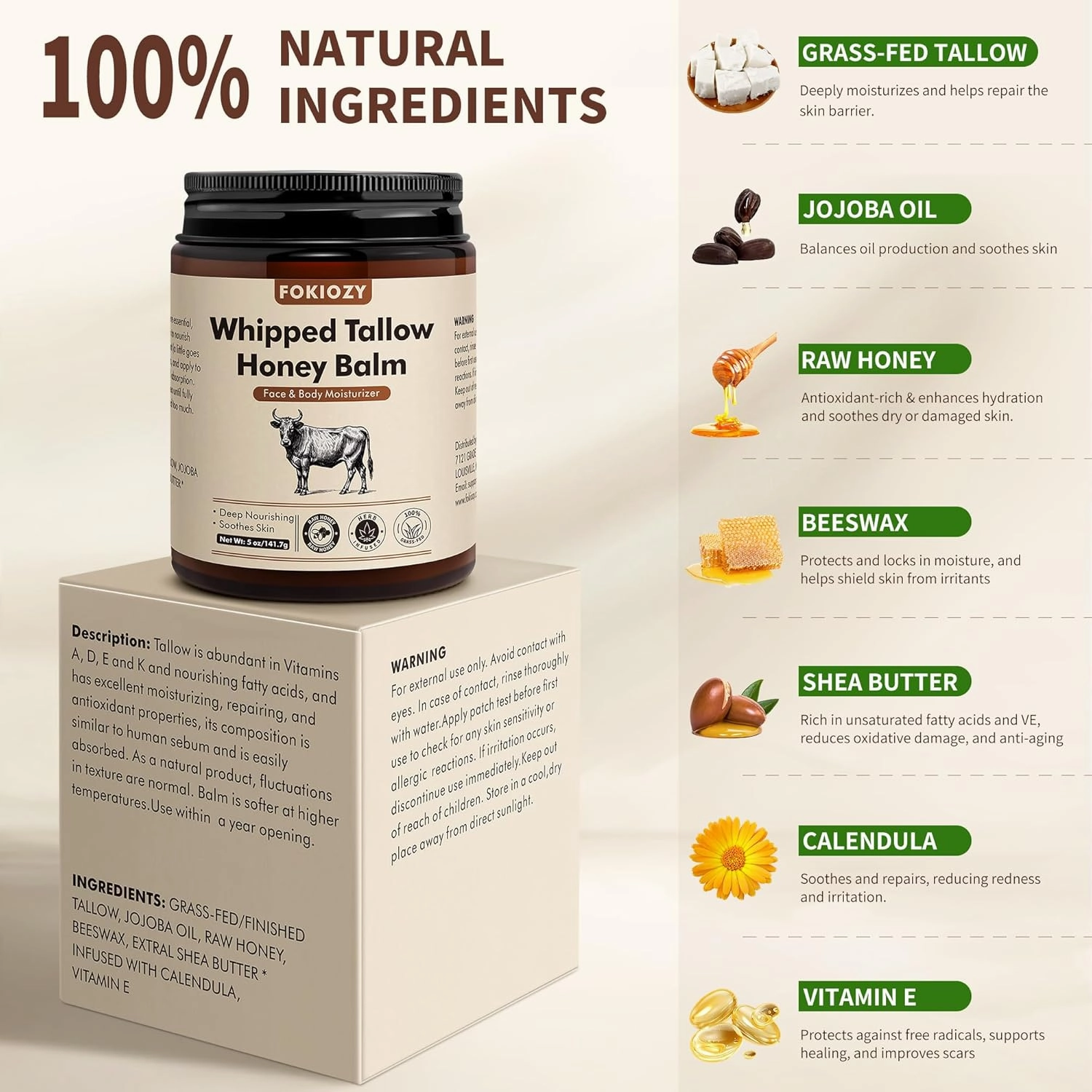 Beef Tallow for Skin, 100% Grass-Fed Whipped Beef Tallow Honey Balm for Face and Body, Tallow Face Moisturizer with Jojoba Oil, Shea Butter for Sensitive, Dry Skin - 5 oz