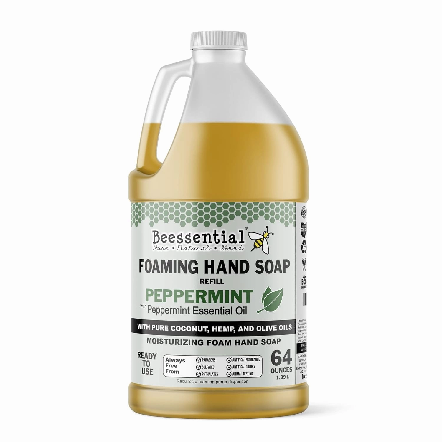 Beessential All Natural Bulk Foaming Hand Soap Refill, 64 oz Peppermint | Made with Moisturizing Aloe & Honey - Made in the USA