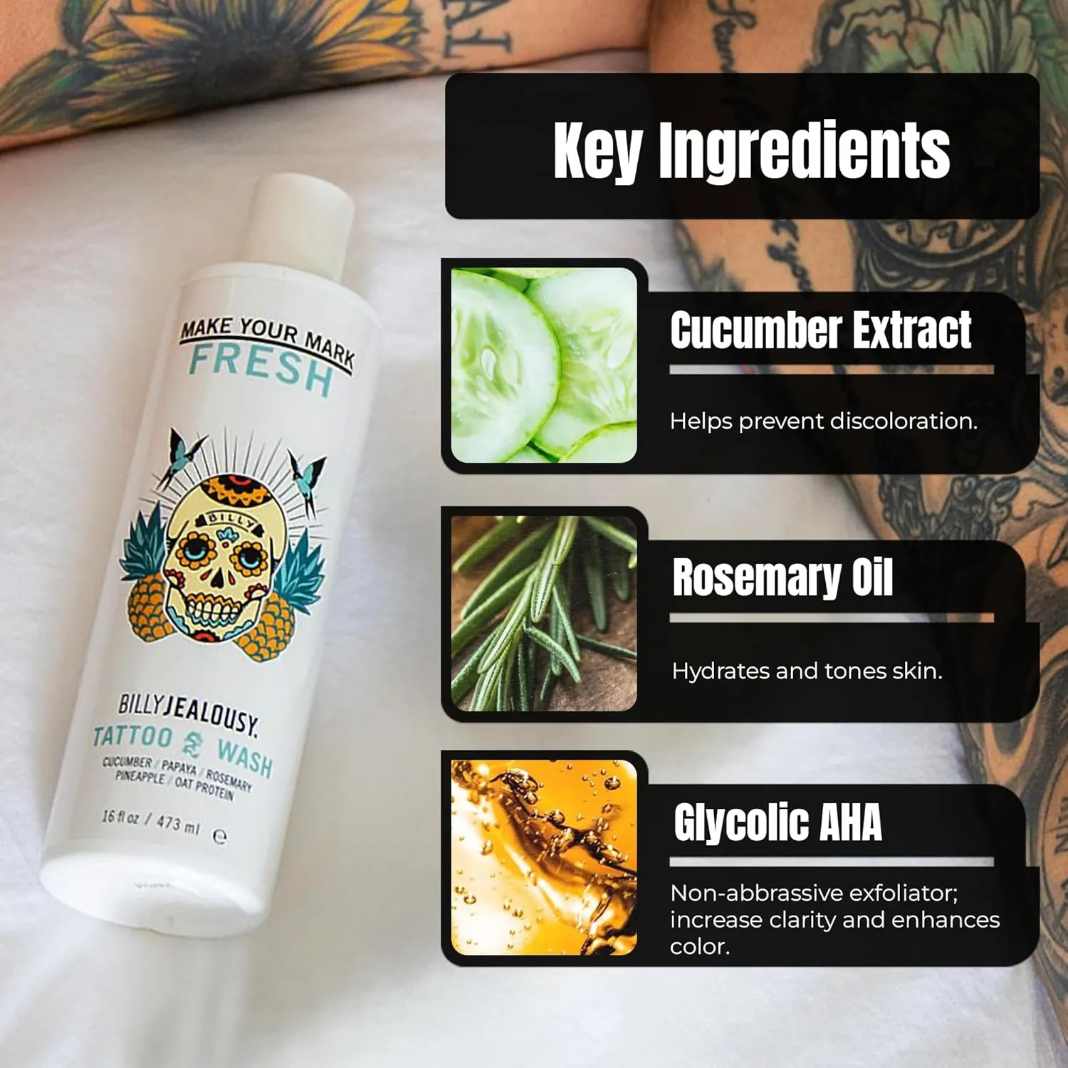 Billy Jealousy Make Your Mark Fresh Tattoo Wash, Cleansing and Hydrating Tattoo Aftercare Enriched With Cucumber and Rosemary