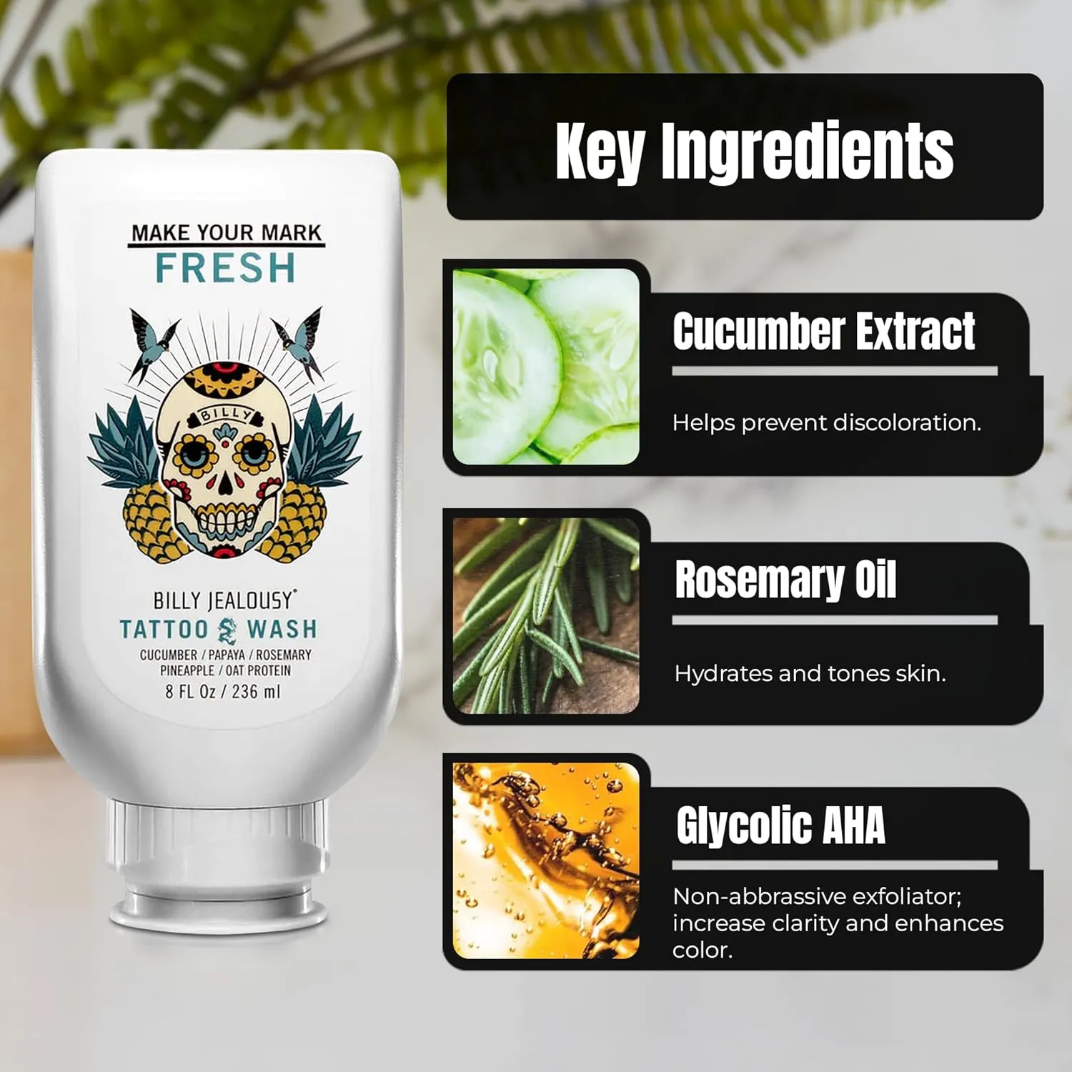 Billy Jealousy Make Your Mark Fresh Tattoo Wash, Cleansing and Hydrating Tattoo Aftercare Enriched With Cucumber and Rosemary