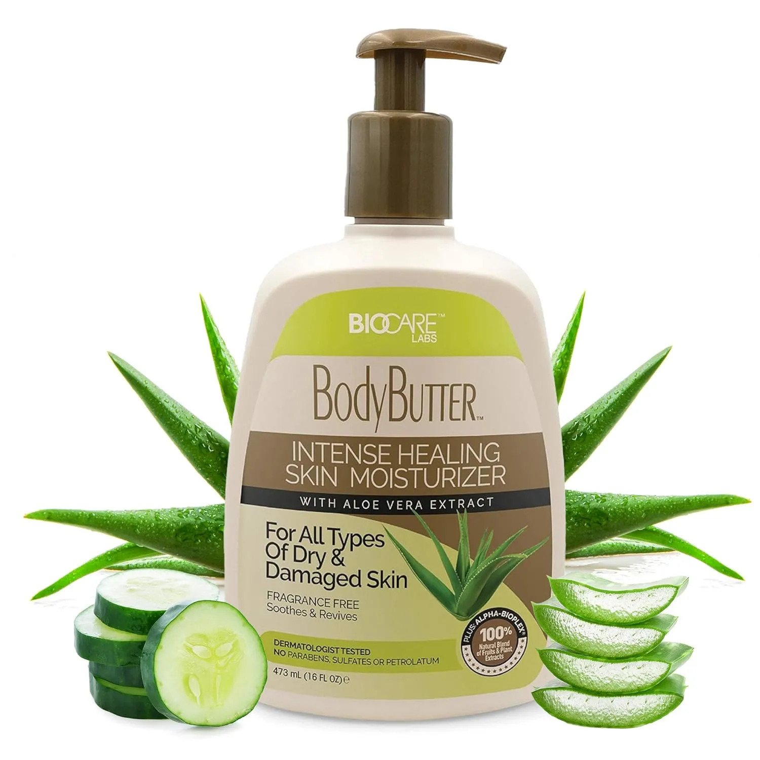 Biocare Labs Moisturizing Body Butter - Hydrating Body Cream W/Aloe Vera and Cucumber Extracts (Fragrance-Free) - Instantly Penetrates and Deeply Renews Skin - Lotion Designed For Dry Skin