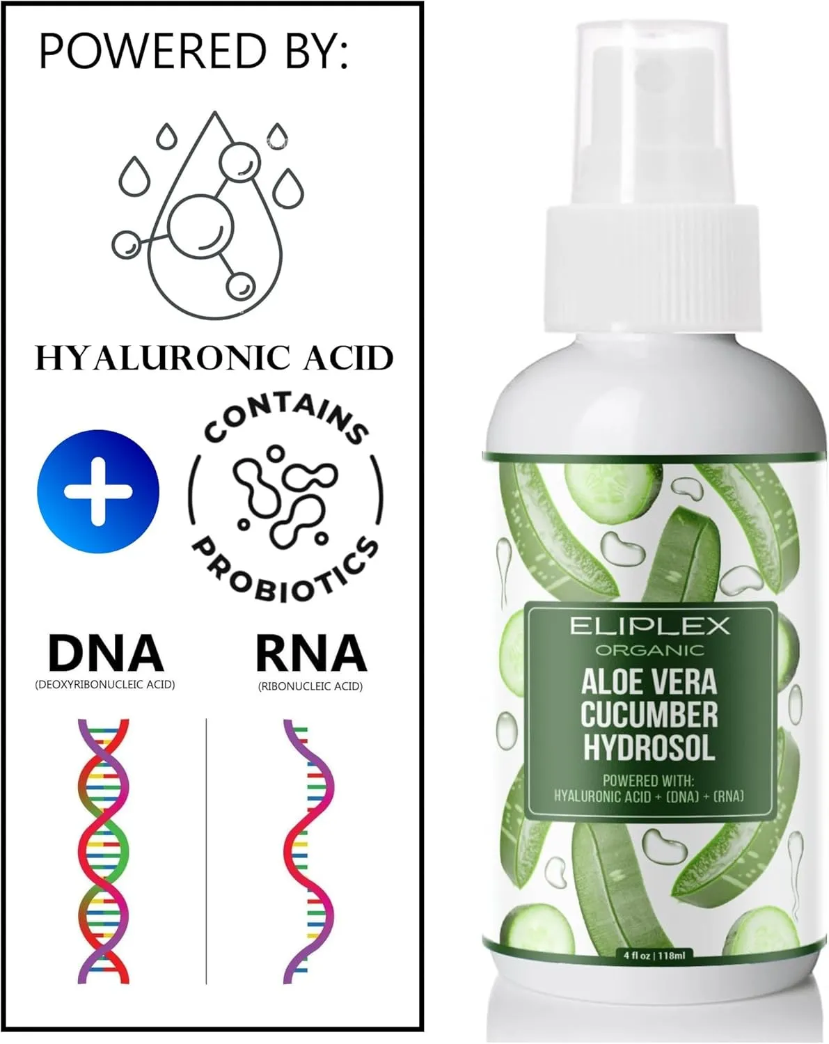 BioMist - Organic Hydrosol with Hyaluronic Acid   DNA   RNA  Probiotic Complex - Hydrating & Regenerating Facial & Scalp Tonic 4 Oz (Organic Aloe/Cucumber)