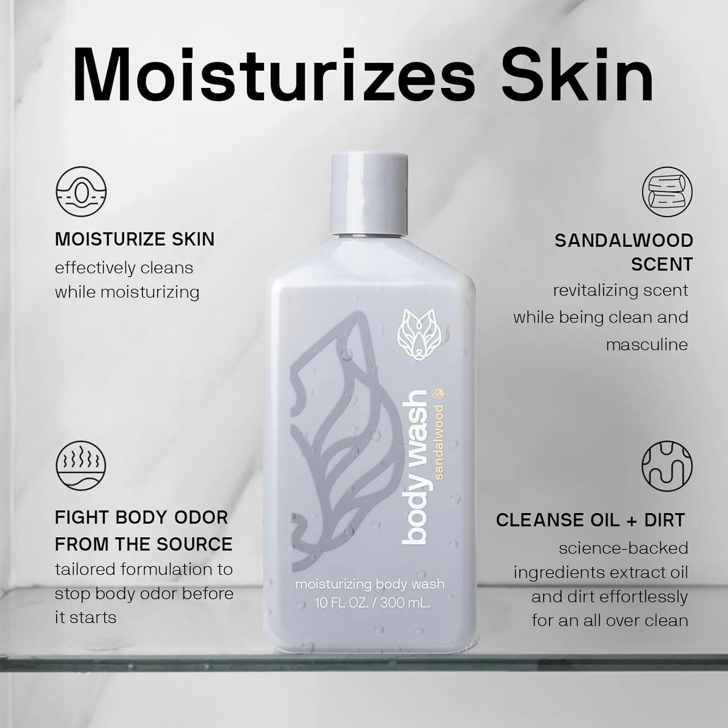Black Wolf Moisturizing Body Wash for Men, Sandalwood - Mens Hydrating Bodywash for Dry, Dehydrated, & Sensitive Skin - Hyaluronic Acid, Aloe Vera, & Jojoba Oil Body Cleanser Help Remove Oil & Dirt