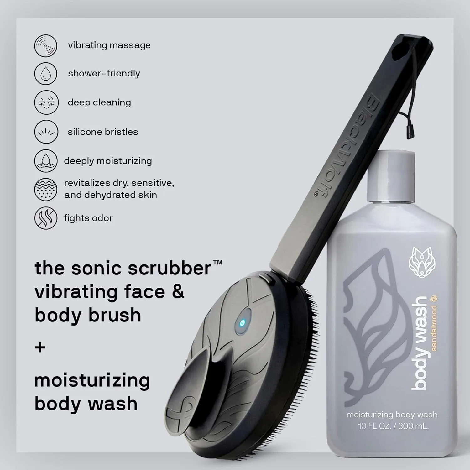 Black Wolf Sonic Scrubber Pro & Moisturizing Body Wash Set - Men's Shower & Bathroom Essentials Gift Set for Dry, Dehydrated, & Sensitive Skin - Hydrating Bodywash & Vibrating Face & Body Scrubber