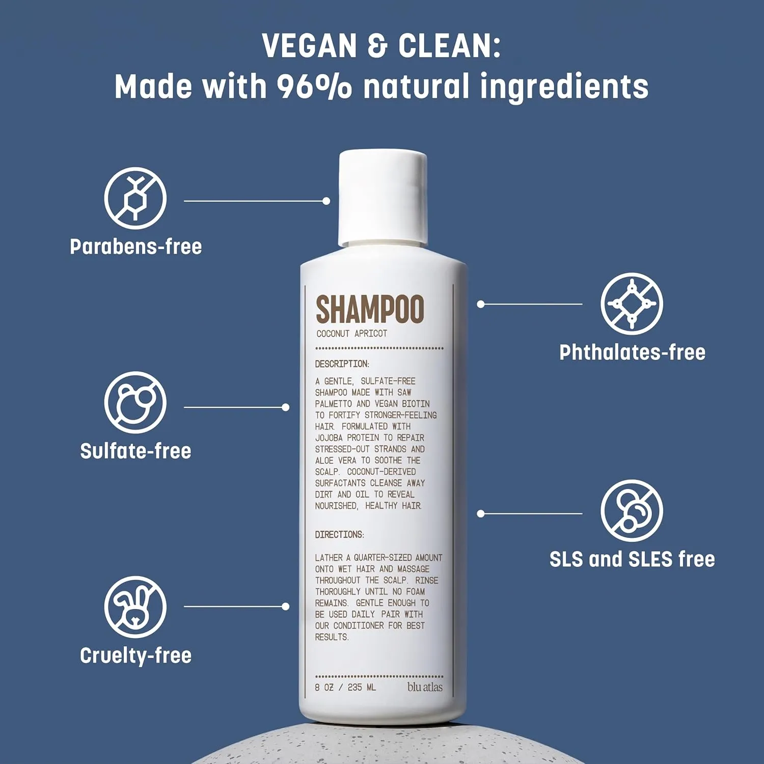 Blu Atlas Men's Natural Shampoo – Organic, Sulfate-Free, Paraben-Free – Deep Cleansing & Hydrating – Coconut Apricot Scent – Made in America – 8 oz