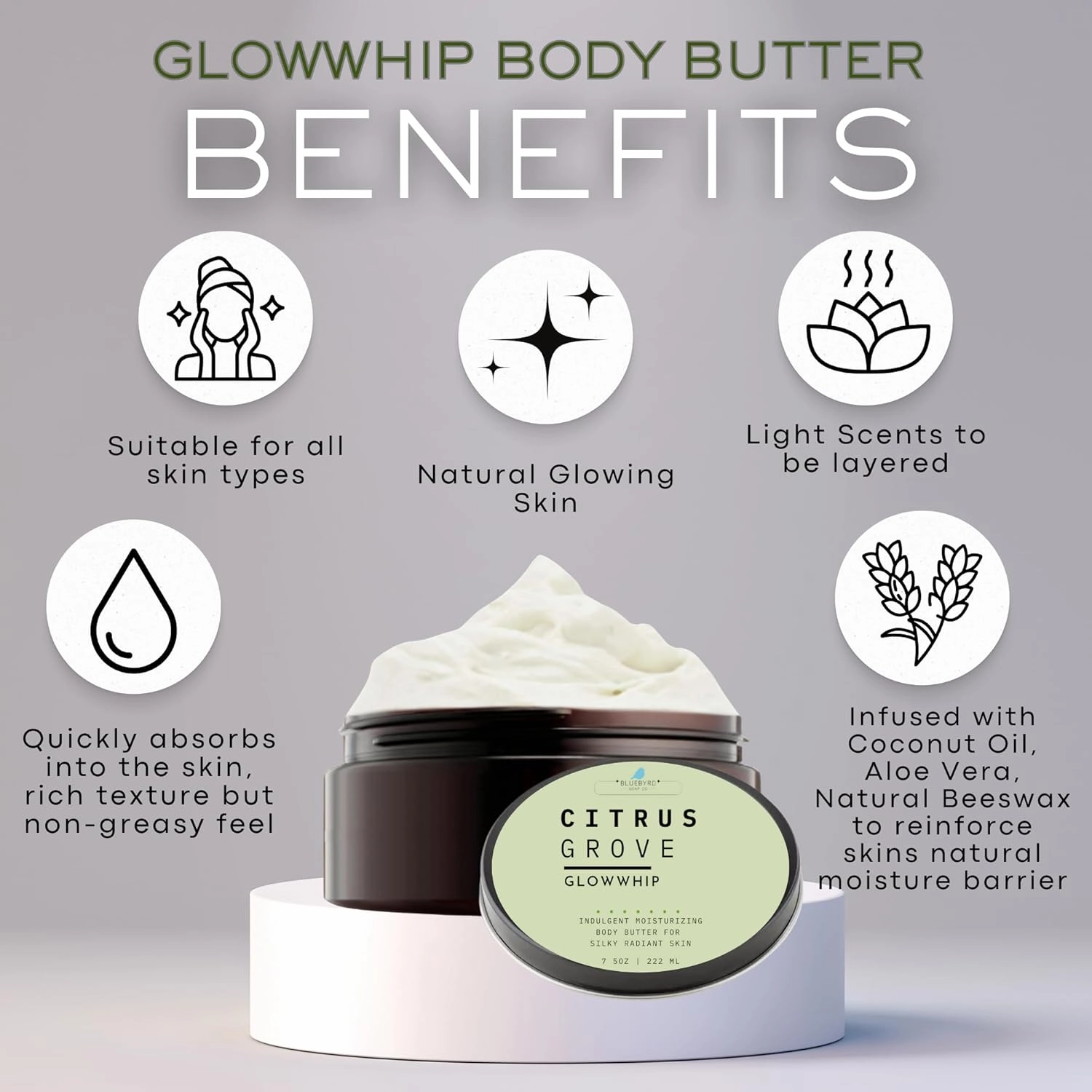 Bluebyrd Soap Co. Eucalyptus Mint Body Butter | Relaxing Whipped Body Cream for Men and Women | Non-Greasy Moisturizing Dry Skin Lotion for Hands, Body & Feet 8oz. Jar (EUCALYPTUS)