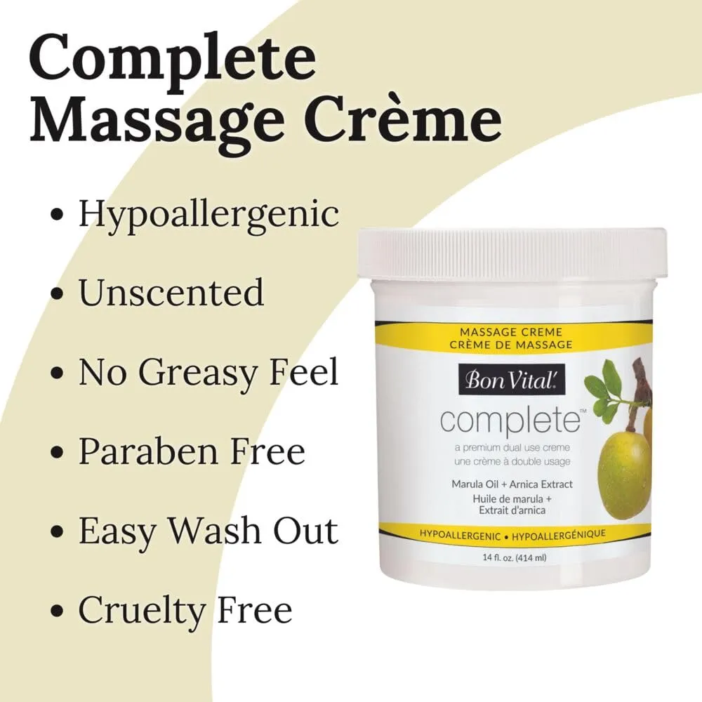 Bon Vital Complete Massage Creme, Premium Dual Use Cream for Hypoallergenic Professional Massages, Non Greasy Unscented Moisturizer Made with Marula, Olive, Avocado, & Jojoba Oil, 14 oz. Jar