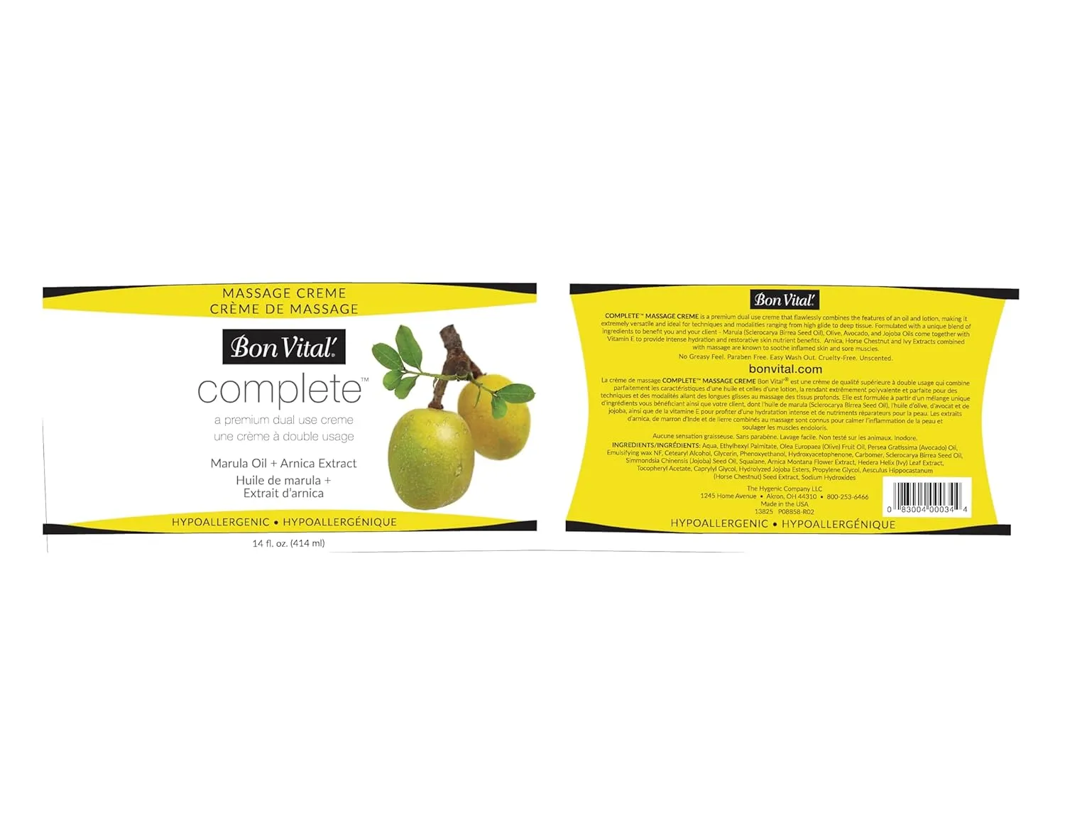 Bon Vital Complete Massage Creme, Premium Dual Use Cream for Hypoallergenic Professional Massages, Non Greasy Unscented Moisturizer Made with Marula, Olive, Avocado, & Jojoba Oil, 14 oz. Jar