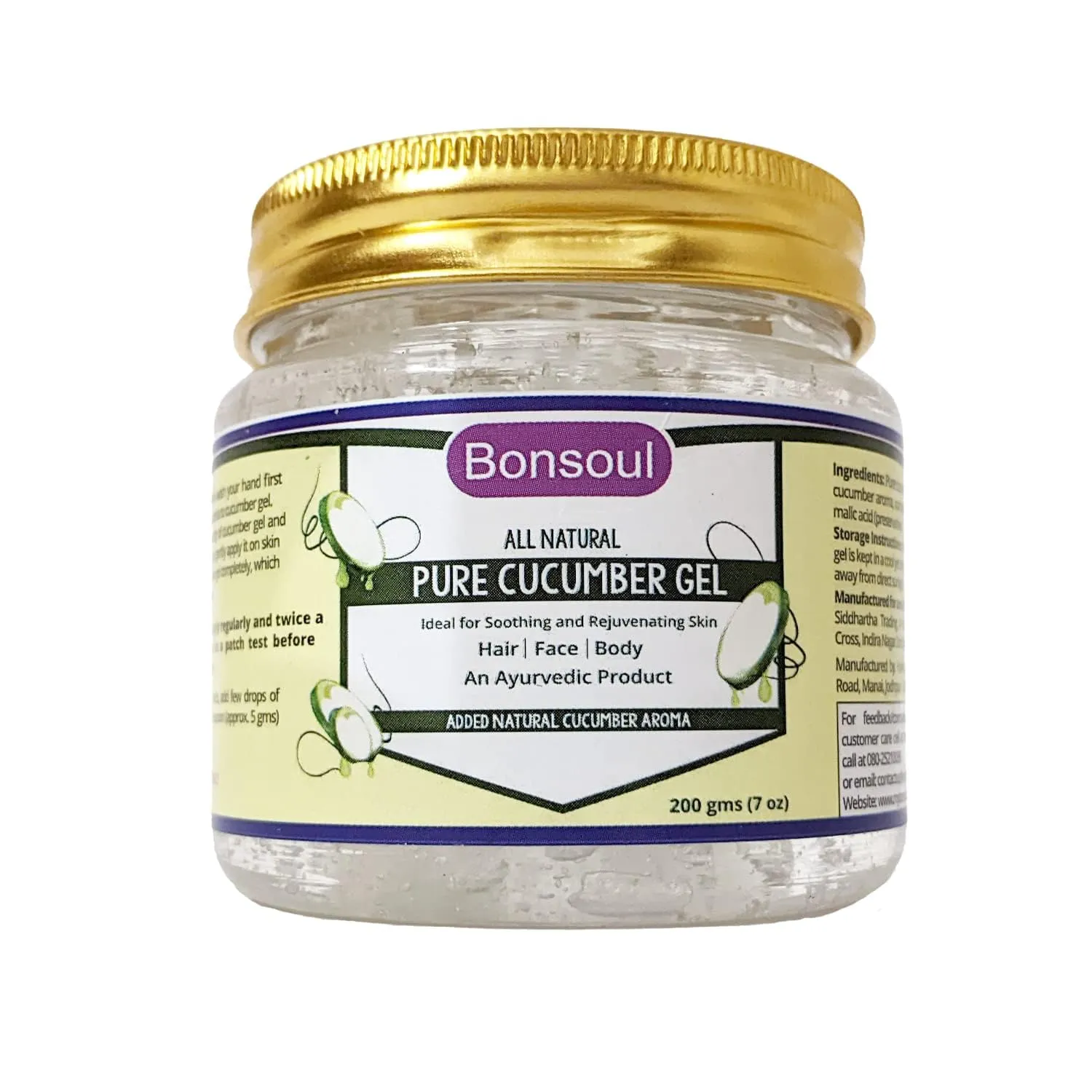 BONSOULZ All Natural and Pure Cucumber Gel | Ideal for Soothing & Rejuvenating Skin | Hair, Face and Body (200 GMS)