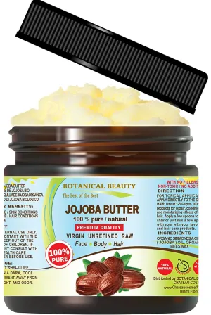 Botanical Beauty JOJOBA OIL BUTTER RAW VIRGIN UNREFINED for Face, Body, Hair, Nails. Dry Skin, Cracked Hands, Eczema, Psoriasis Rashes, Itchiness, Redness 4 Fl. oz. - 120 ml