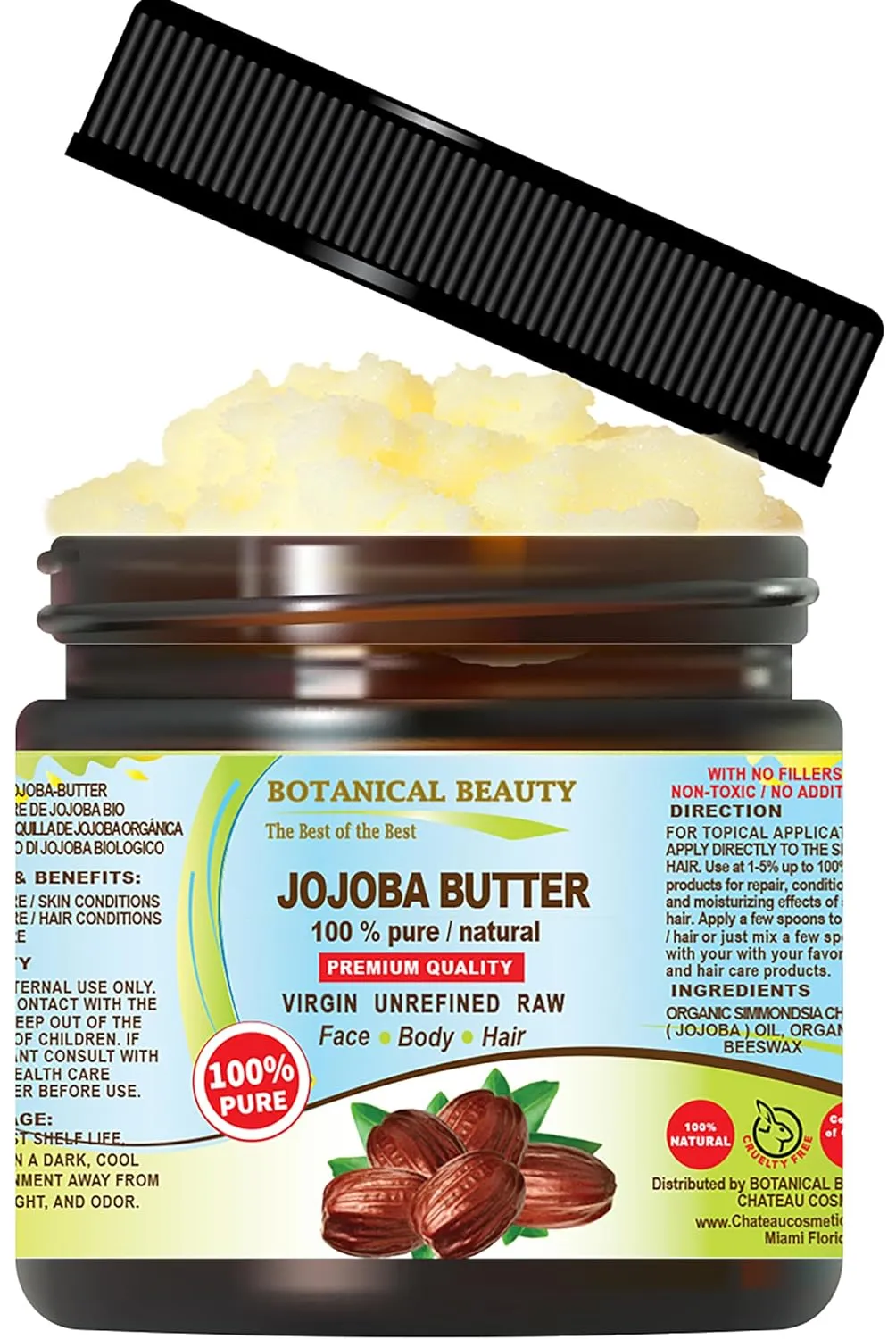 Botanical Beauty JOJOBA OIL BUTTER RAW VIRGIN UNREFINED for Face, Body, Hair, Nails. Dry Skin, Cracked Hands, Eczema, Psoriasis Rashes, Itchiness, Redness 4 Fl. oz. - 120 ml