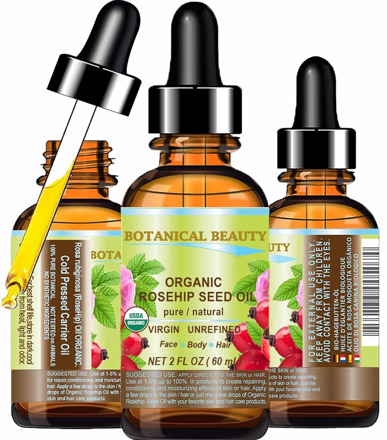 Botanical Beauty Organic ROSEHIP SEED OIL 100% Pure Natural Virgin Unrefined Cold-pressed Carrier Oil 2 Fl Oz 60 ml For Face, Skin, Body, Hair, Lip, Nails, Rich in vitamin C, Vitamin E, Anti-Aging