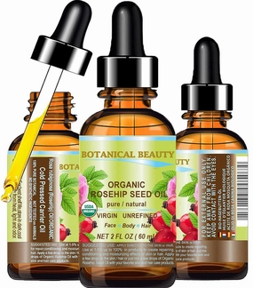 Botanical Beauty Organic ROSEHIP SEED OIL 100% Pure Natural Virgin Unrefined Cold-pressed Carrier Oil 2 Fl Oz 60 ml For Face, Skin, Body, Hair, Lip, Nails, Rich in vitamin C, Vitamin E, Anti-Aging