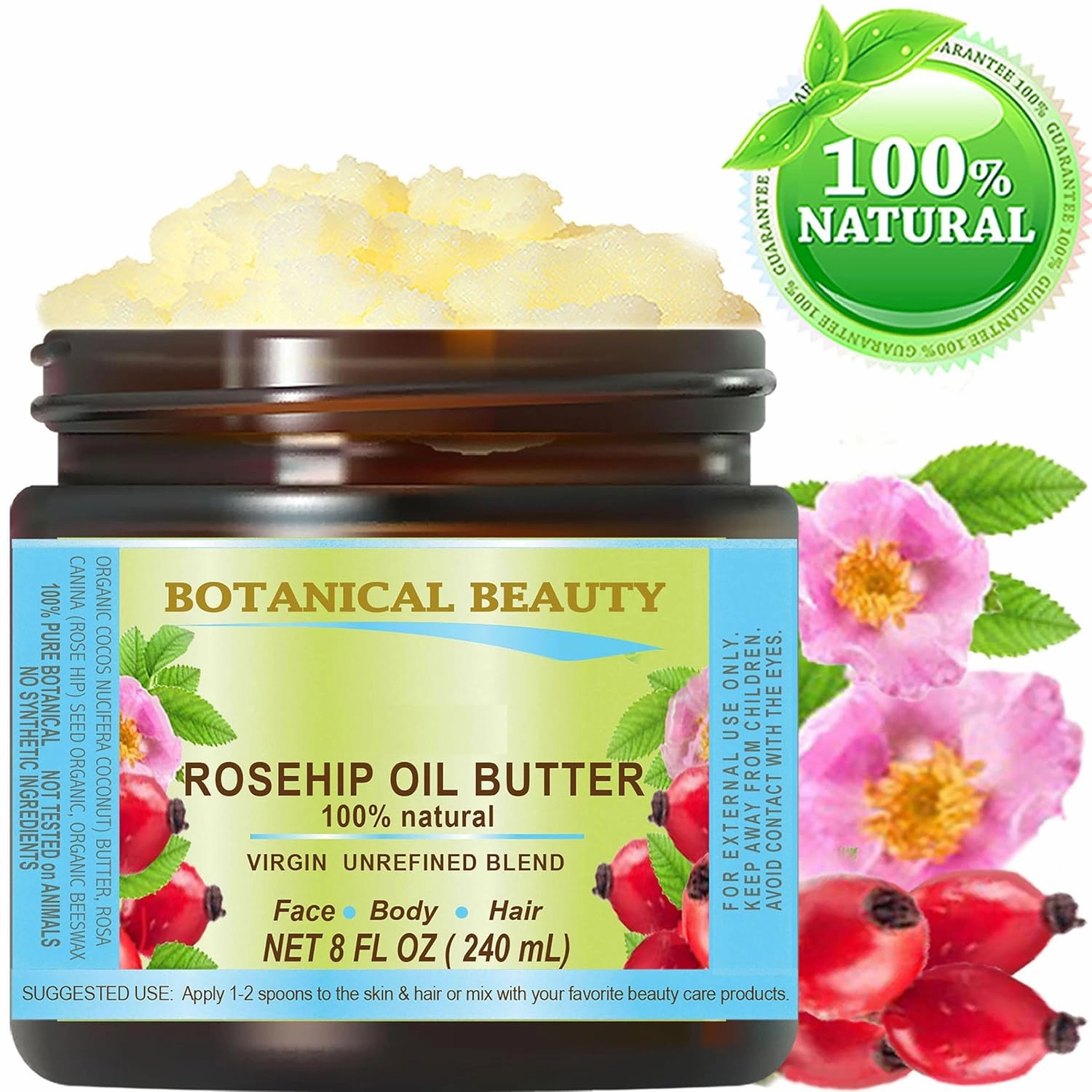 Botanical Beauty ROSEHIP OIL BUTTER ROSE HIP 100% Natural Pure Virgin Unrefined RAW Cold Pressed for FACE, SKIN, BODY, DAMAGED HAIR, NAILS. Rich in vitamin E 8 Fl Oz 240 ml