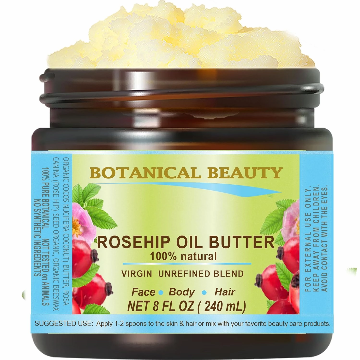 Botanical Beauty ROSEHIP OIL BUTTER ROSE HIP 100% Natural Pure Virgin Unrefined RAW Cold Pressed for FACE, SKIN, BODY, DAMAGED HAIR, NAILS. Rich in vitamin E 8 Fl Oz 240 ml