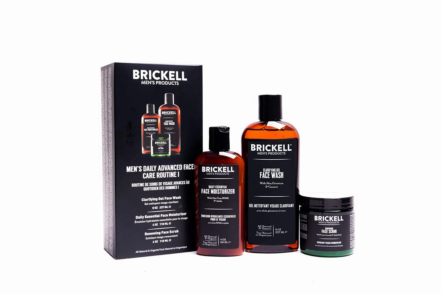 Brickell Men's Daily Advanced Face Care Routine I, Gel Facial Cleanser Wash, Face Scrub, Face Moisturizer Lotion, Natural and Organic, Unscented, Men's Skin Care Gift Set