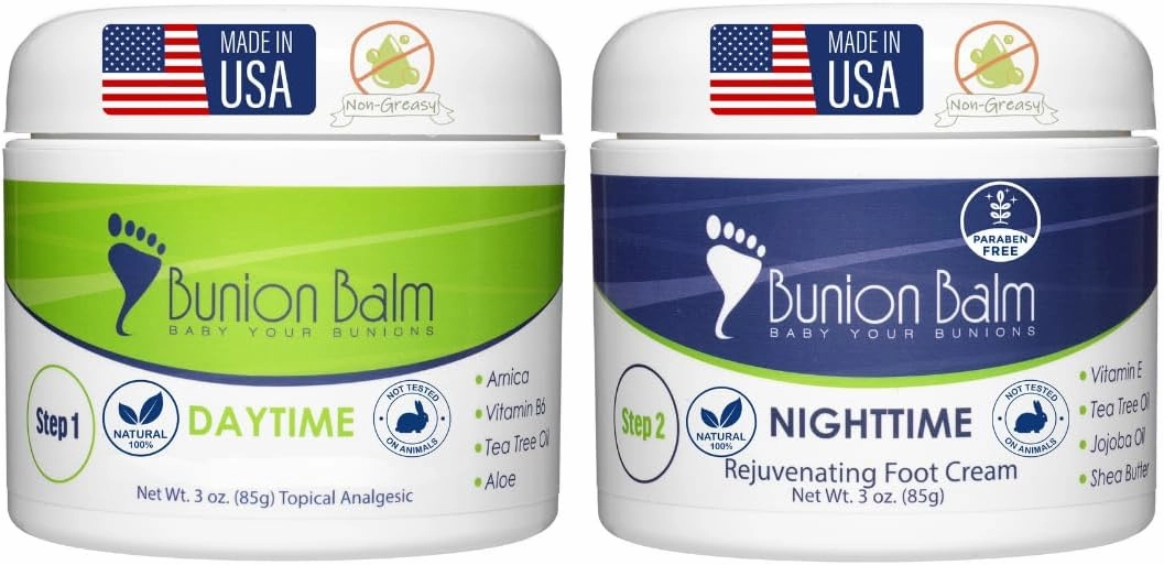 Bunion Balm 2 Step Soothing Bunion Kit. Natural Daytime Hallux Valgus Comfort Cream & Nighttime Moisturizing & Healing Lotion for Aching Bunions & Dry Cracked Skin