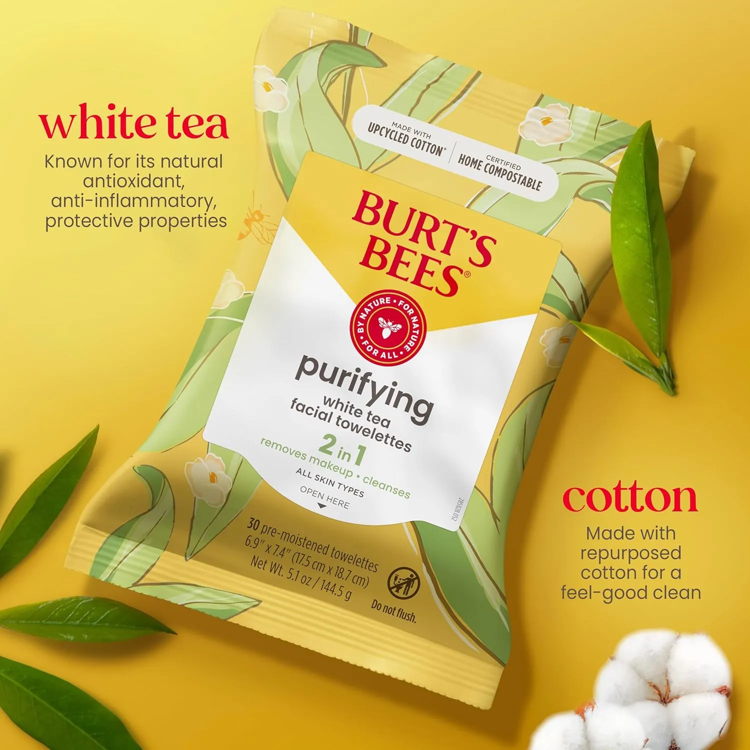 Burt's Bees White Tea Face Wipes, for All Skin Types, College Back to School Dorm Essentials, Hydrating Makeup Remover & Facial Cleansing Towelettes, 30 Ct. (3-Pack)