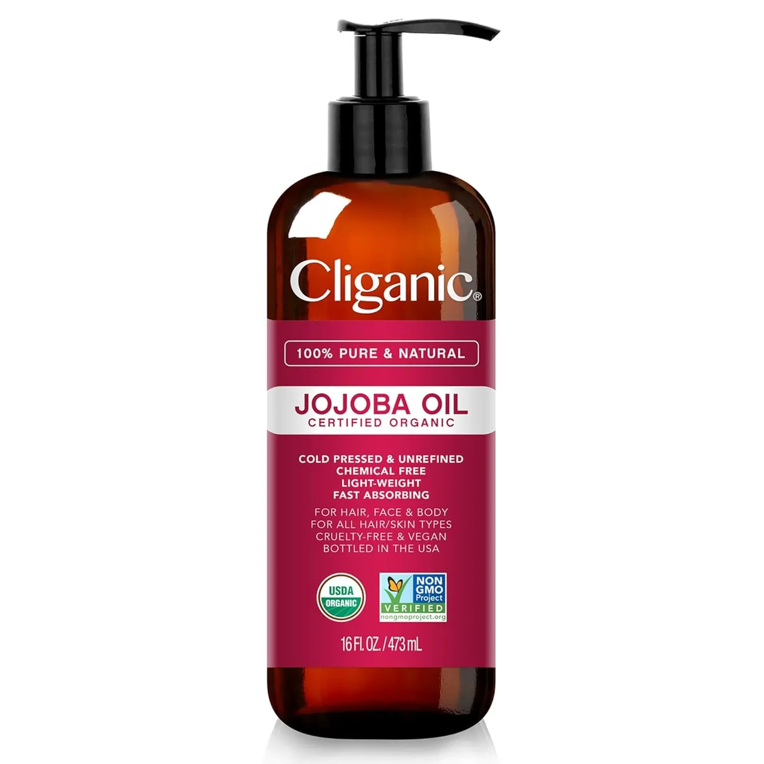 Cliganic Organic Jojoba Oil 16oz with Pump, 100% Pure | Bulk, Moisturizing Oil for Face, Hair, Skin & Nails | Natural Cold Pressed (Packaging May Vary)
