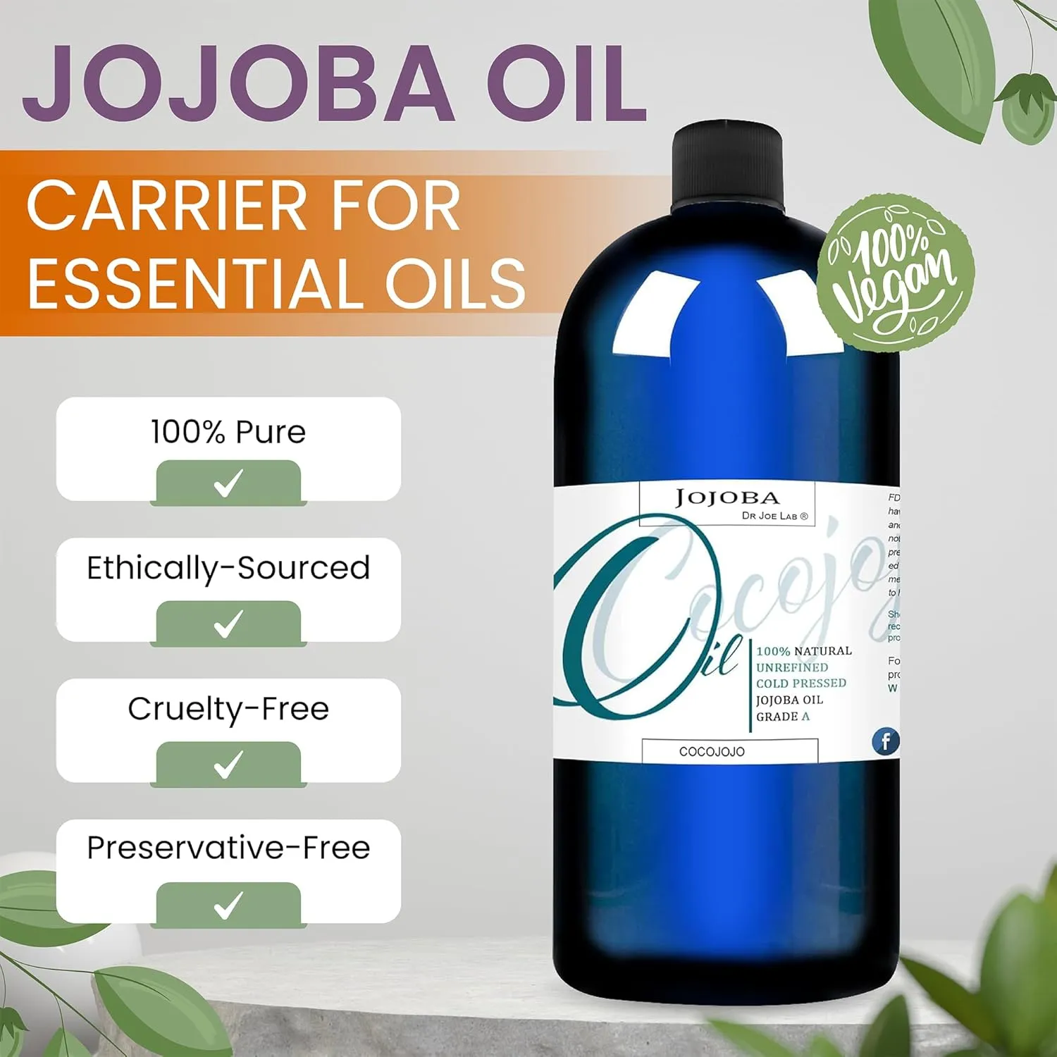 cocojojo Jojoba Oil Organic, Jojoba Oil for Hair Growth, Jojoba Oil for Skin, Jojoba Oil for Face, 100% Pure Natural, Cold Pressed, Deep Moisturizing Anti-Aging, Essential Oils - 32 Fl Oz