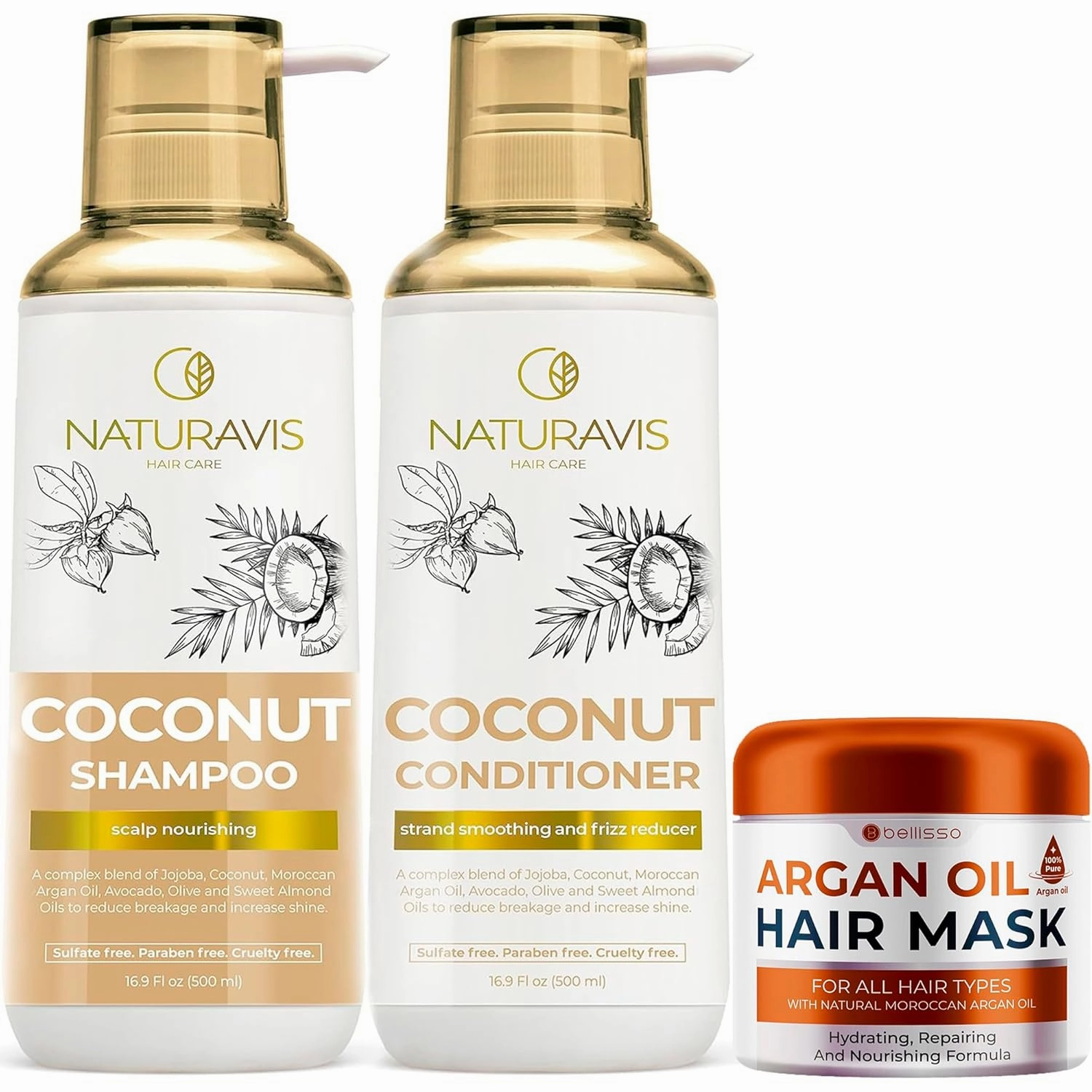 Coconut Shampoo and Conditioner Set with Moroccan Argan Oil Mask - Hydrating, Anti-Frizz, Softening - Sulfate Free, Paraben Free - 42.25 Fl Oz
