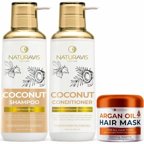 Coconut Shampoo and Conditioner Set with Moroccan Argan Oil Mask - Hydrating, Anti-Frizz, Softening - Sulfate Free, Paraben Free - 42.25 Fl Oz