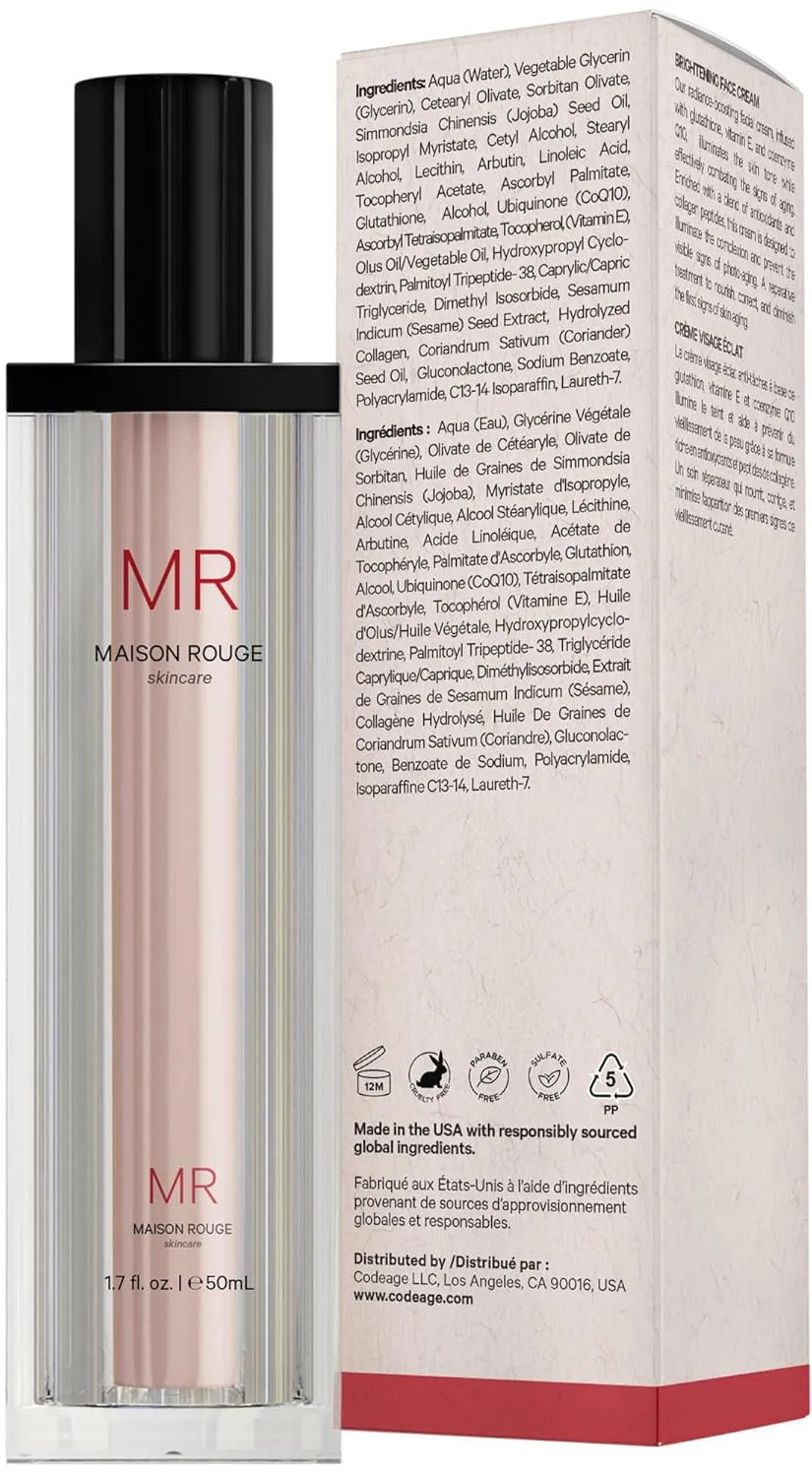 Codeage Maison Rouge Brightening Face Cream Glutathione Cream, Collagen Peptides, Vitamin E, CoQ10 – Radiance & Antioxidant Complex – Refillable – Paraben- Free – All Skin Types – 1.7 fl oz