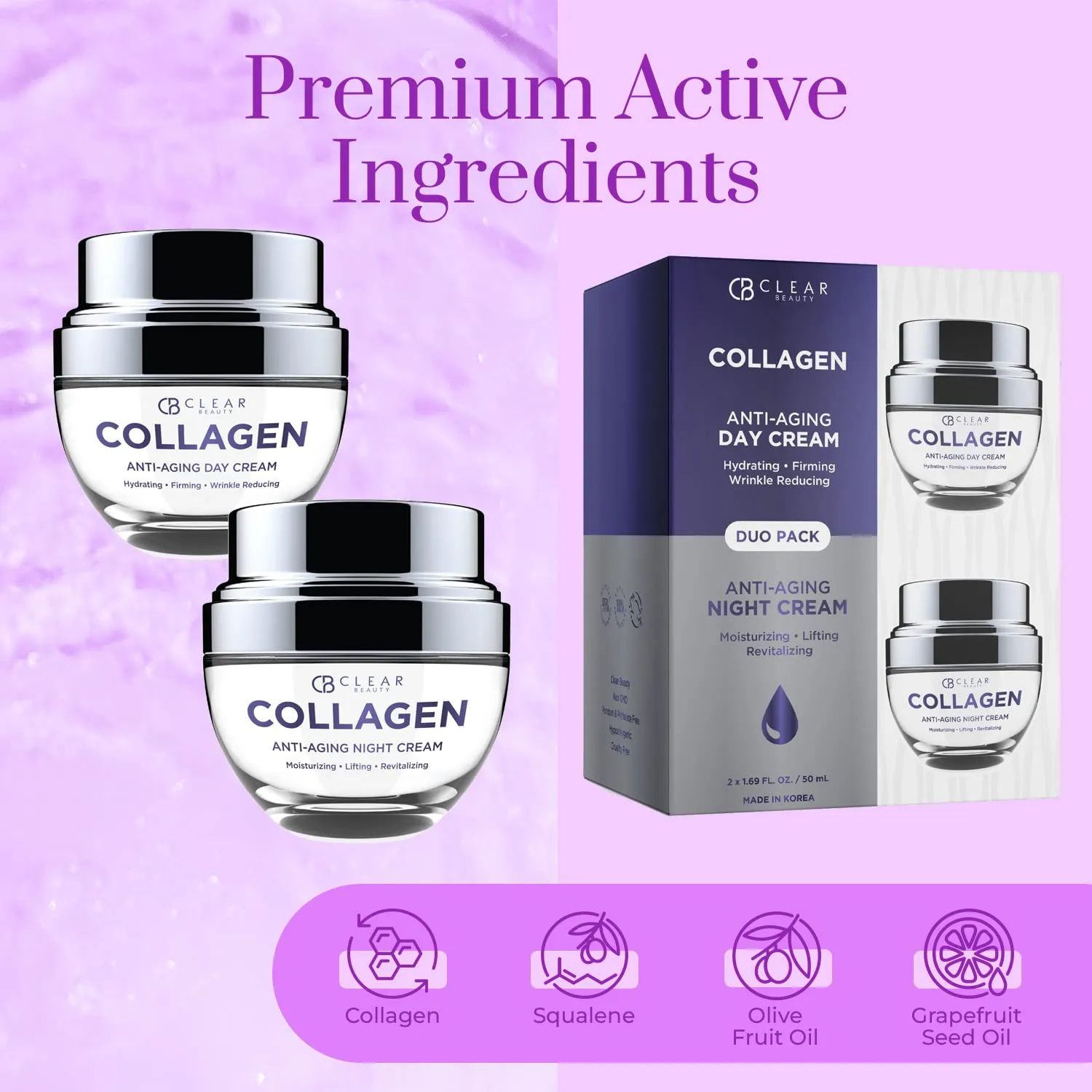 Collagen Day/Night Moisturizer Set - Dermatologist Tested, Reduces Blemishes, Wrinkles & Fine Lines, Hydrating, Anti-Aging, Cruelty-Free Korean Skin Care, All Skin Types