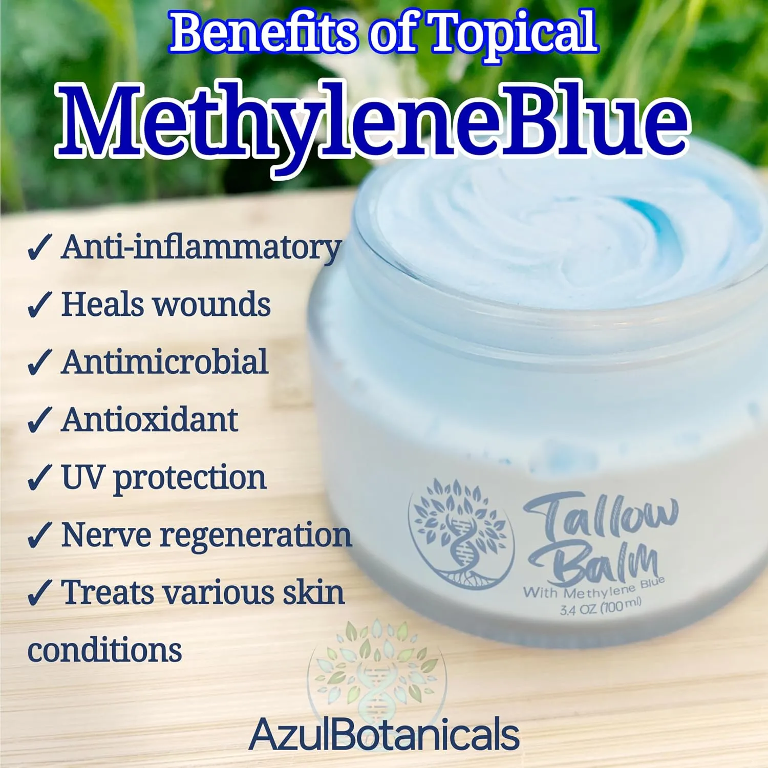 Copper Peptide GHK-Cu & Methylene Blue Infused Whipped Grass Fed Beef Tallow Balm, Anti-Aging, Fine lines, Wrinkles, Eczema, Acne, Full body moisturizer, All skin types, With Organic Ingredients 3.4oz