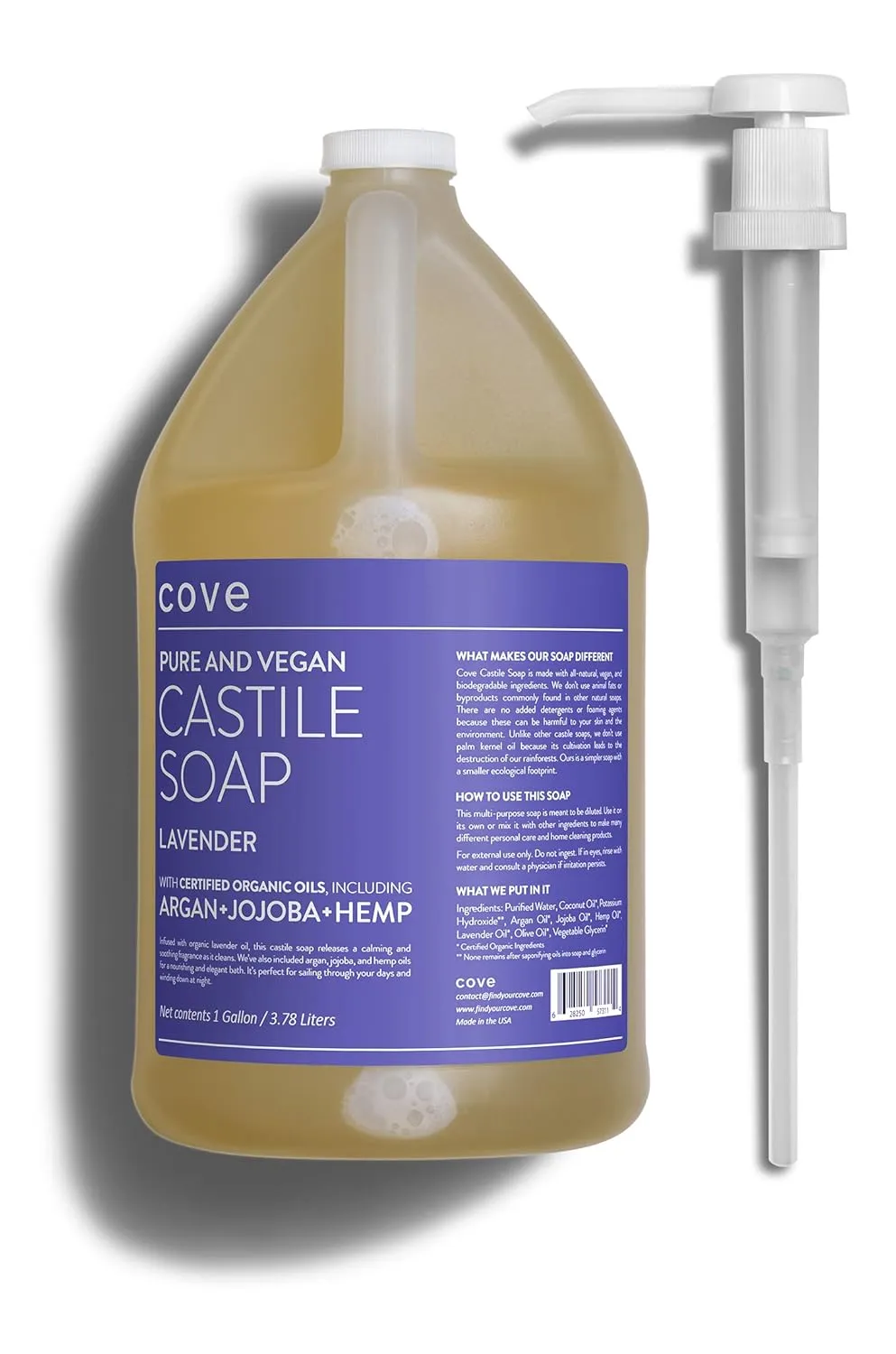 Cove Castile Soap Lavender - 1 Gallon With Pump - Organic Argan, Jojoba, & Hemp Oils
