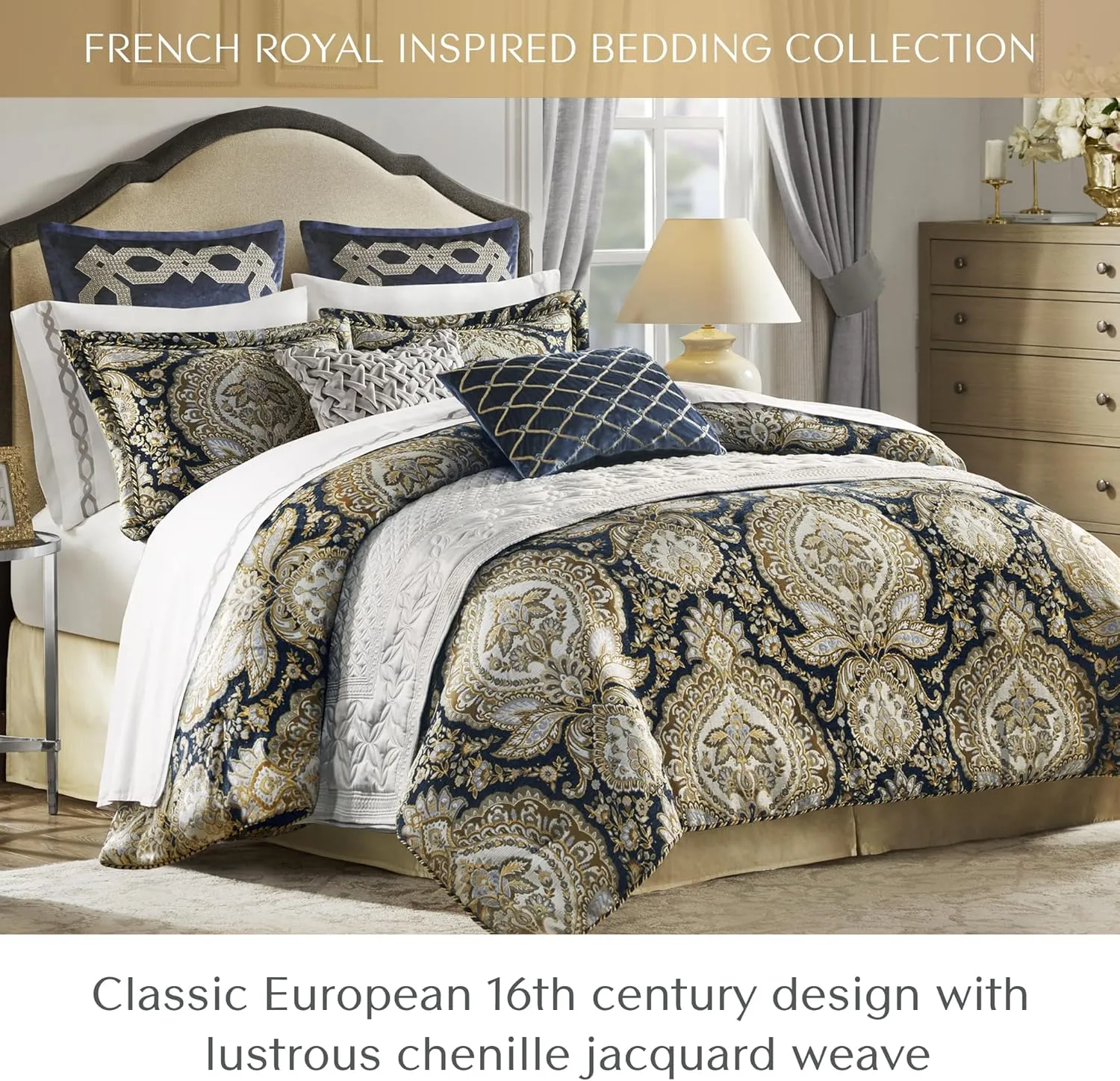 Croscill King Comforter Set, Luxe Chenille Jacquard Medallion, Soft Microfiber Twill Comforter for a King-Size Bed, Oversized Comforter King Bedding, 2 Shams & Bedskirt, Valentina, Navy 4 Piece