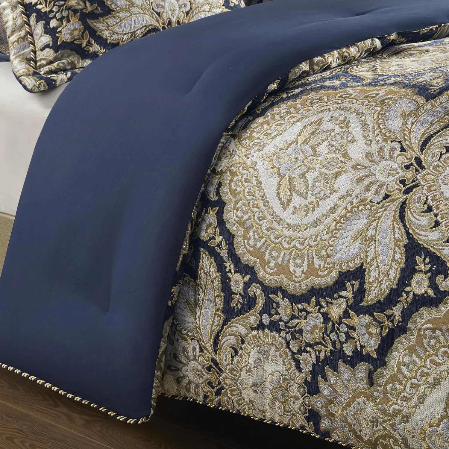 Croscill King Comforter Set, Luxe Chenille Jacquard Medallion, Soft Microfiber Twill Comforter for a King-Size Bed, Oversized Comforter King Bedding, 2 Shams & Bedskirt, Valentina, Navy 4 Piece