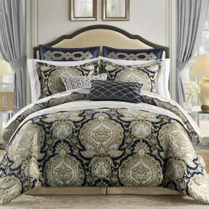 Croscill King Comforter Set, Luxe Chenille Jacquard Medallion, Soft Microfiber Twill Comforter for a King-Size Bed, Oversized Comforter King Bedding, 2 Shams & Bedskirt, Valentina, Navy 4 Piece