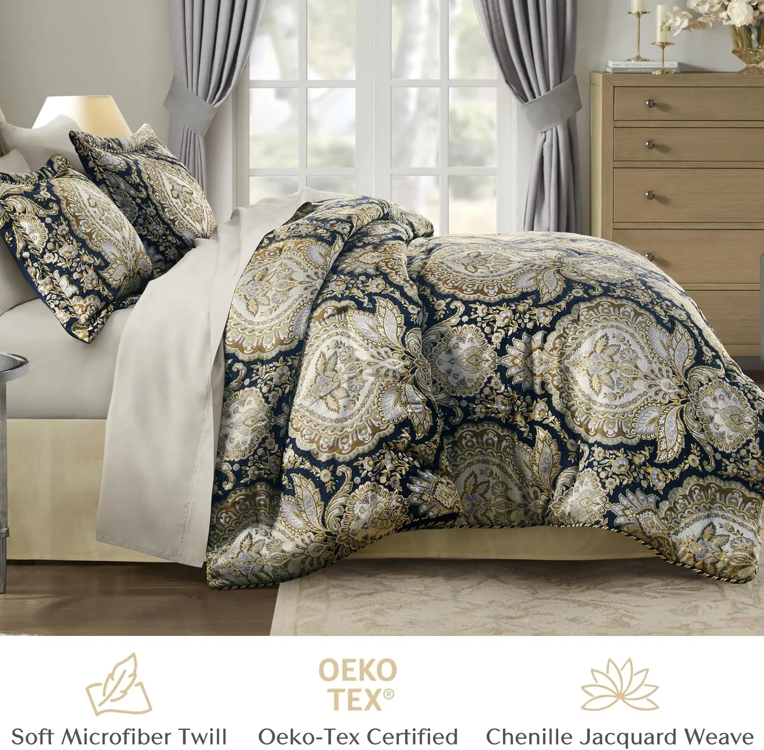 Croscill King Comforter Set, Luxe Chenille Jacquard Medallion, Soft Microfiber Twill Comforter for a King-Size Bed, Oversized Comforter King Bedding, 2 Shams & Bedskirt, Valentina, Navy 4 Piece