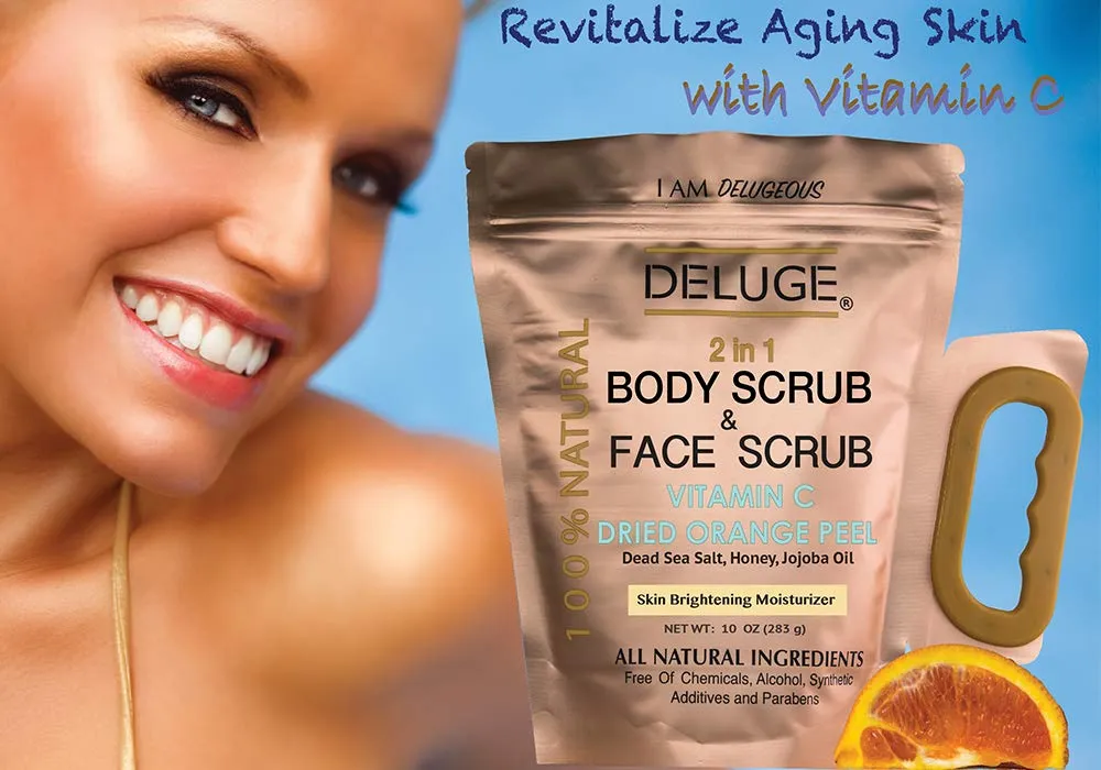 DELUGE - VITAMIN C SCRUB. DRIED ORANGE PEEL. DEAD SEA SALT, HONEY AND JOJOBA OIL. Net Weight 10 oz