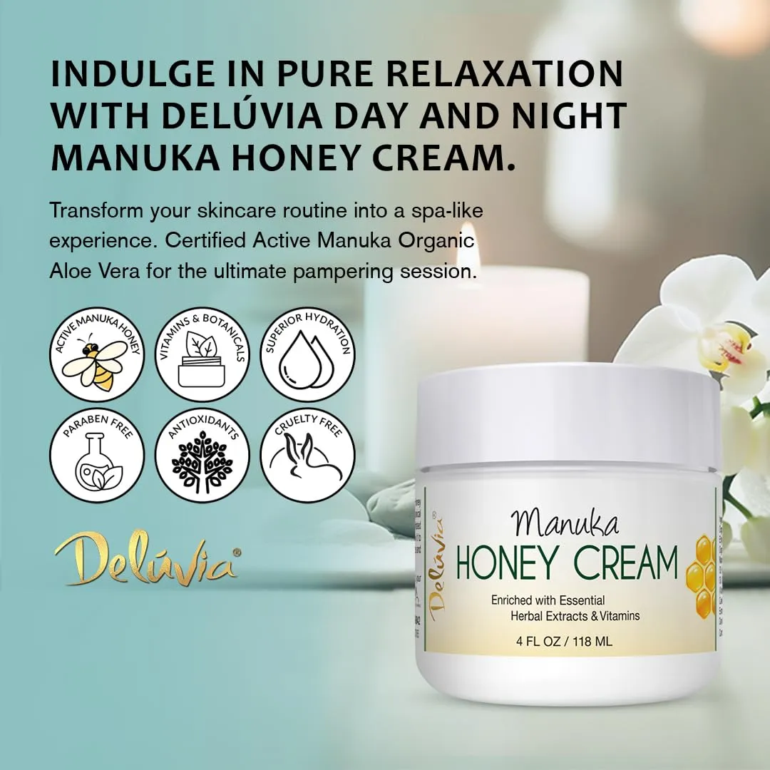 Deluvia Manuka Honey Cream | Hydrating & Soothing Moisturizer Face & Body Lotion | for Sensitive Skin, Eczema, Psoriasis & Dermatitis | 4 ounce