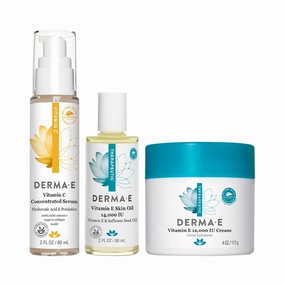 Derma E Vitamin C Serum with Hyaluronic Acid 2oz, Vitamin E Cream 12,000 IU 4oz, Vitamin E Face Oil 14,000 IU with Safflower Oil 2oz – Anti-Aging, Hydrating, Brightening Skincare Trio