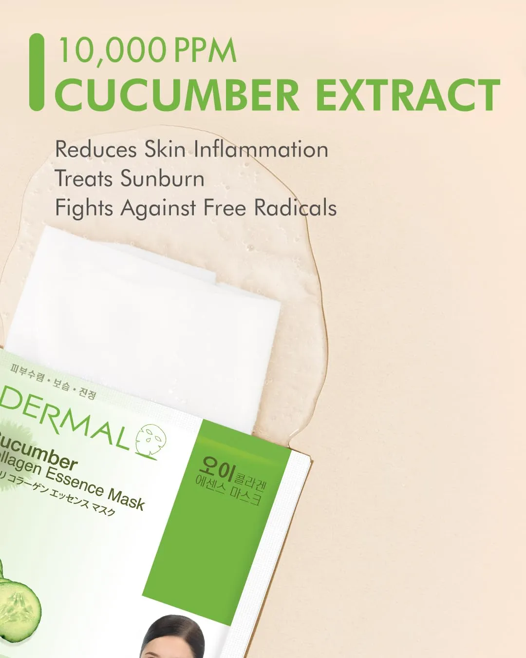 DERMAL Cucumber Collagen Essence Facial Mask Sheet 23g Pack of 100 - Soothing & Moisturizing, Redness & Sunburn Relief, Daily Skin Treatment Solution Sheet Mask