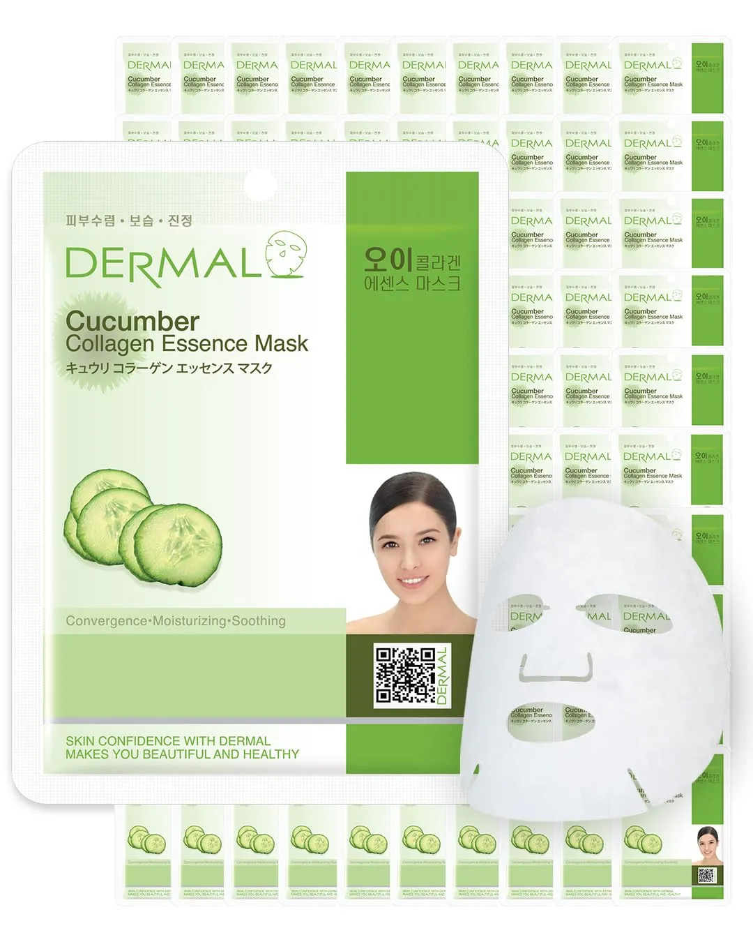 DERMAL Cucumber Collagen Essence Facial Mask Sheet 23g Pack of 100 - Soothing & Moisturizing, Redness & Sunburn Relief, Daily Skin Treatment Solution Sheet Mask
