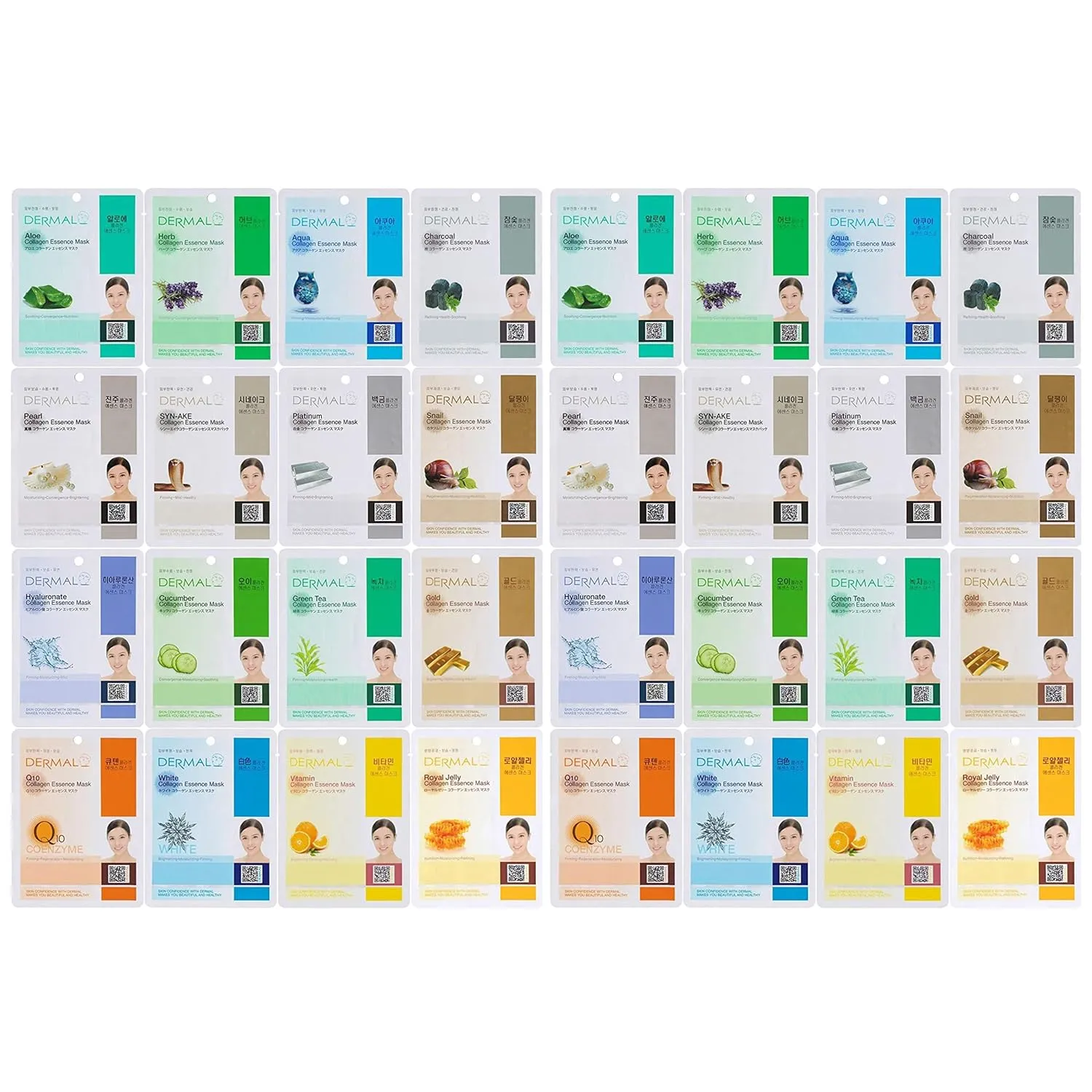 DERMAL Korean Collagen Face Mask – Hydrating & Soothing Sheet Mask with Panthenol – Hypoallergenic Calming Moisture Care for All Skin Types – 32 Combo Pack