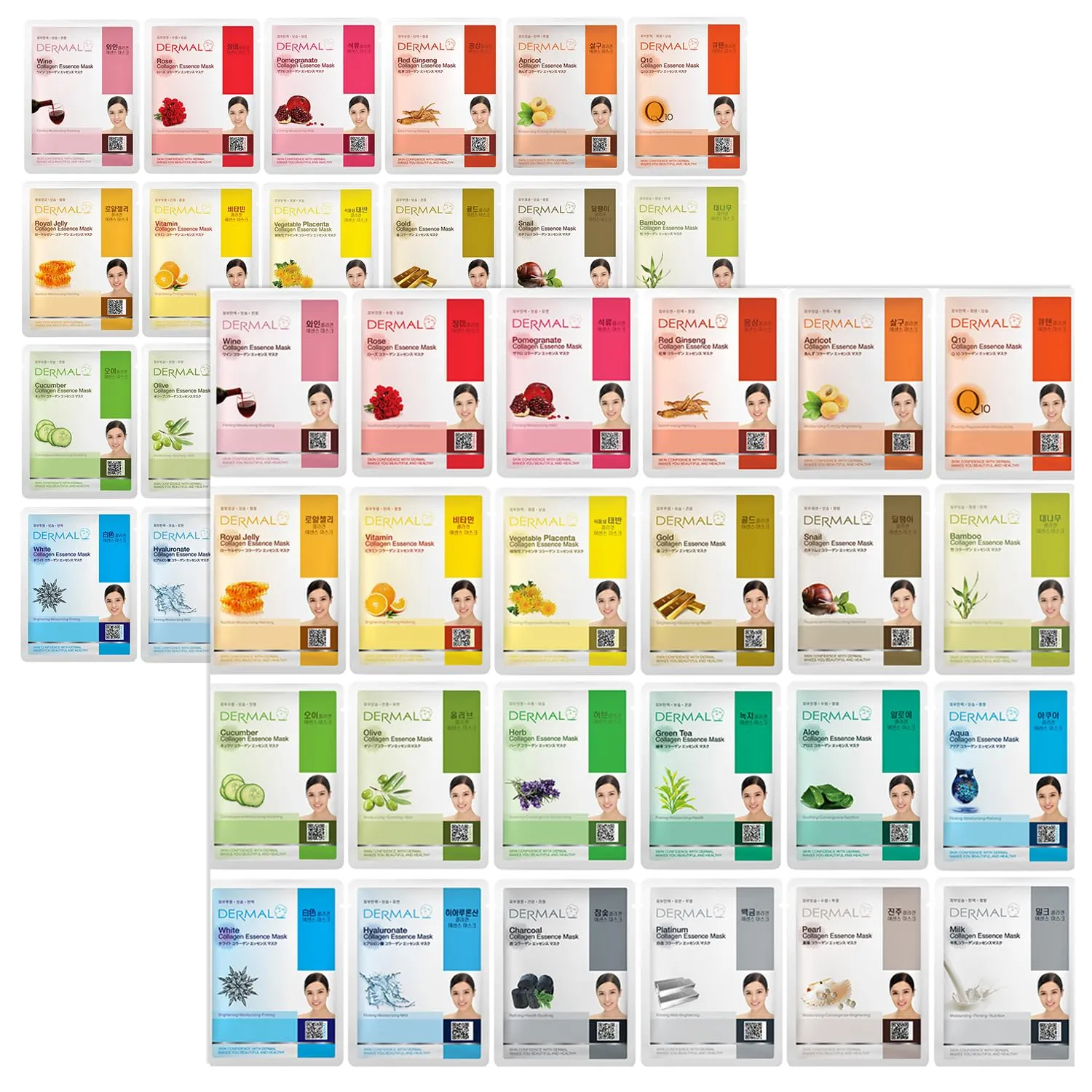 DERMAL Korean Collagen Face Mask – Hydrating & Soothing Sheet Mask with Panthenol – Hypoallergenic Calming Moisture Care for All Skin Types – 48 Combo Pack