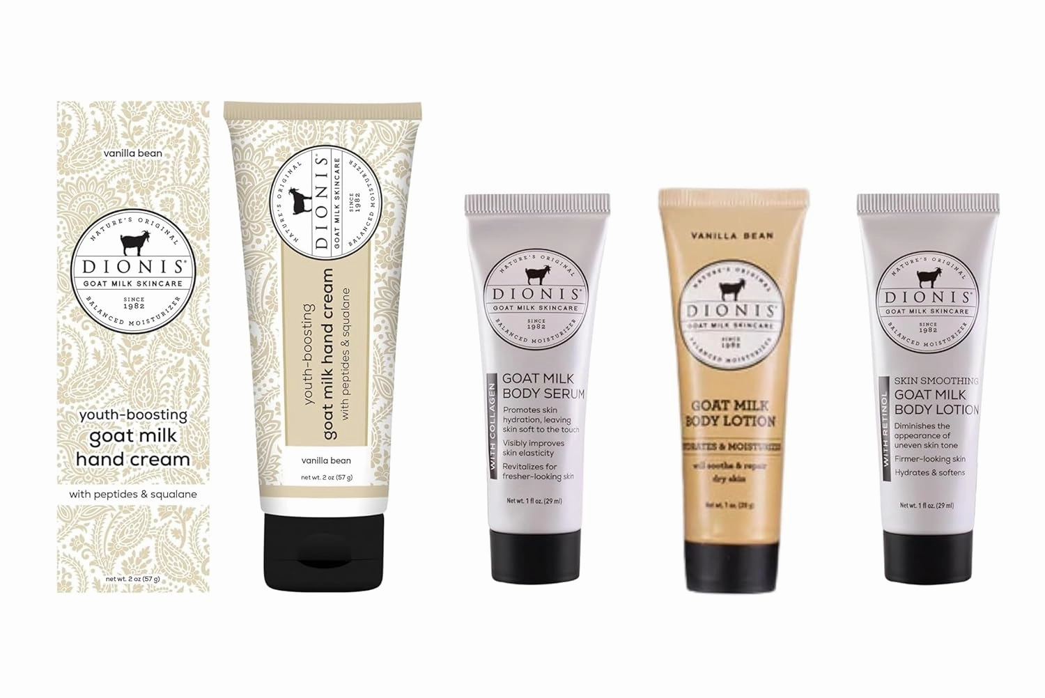 Dionis Goat Milk Skincare Vanilla Bean Youth Boosting Goat Milk Hand Cream, 2oz & Body Lotion, 1oz   Collagen & Retinol Serum Set, 1oz each
