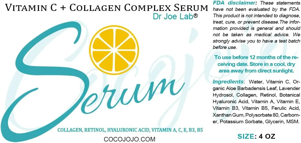 Dr Joe Lab #1 Vitamin C & Collagen Complex Serum Bulk - Multiple Purposes Face Skin Ultra Hydrating Rejuvenating Instant Moisturizer COCOJOJO (4 oz)