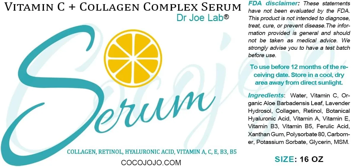 Dr Joe Lab Vitamin C & Collagen Complex Serum Bulk Multiple Purposes Face Skin Ultra Hydrating Rejuvenating Instant Moisturizer COCOJOJO (16 oz)