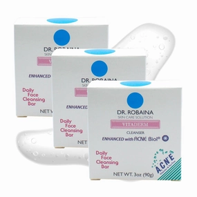 Dr. Robaina VITADERM™ Daily Face Cleansing Bar for Acne & Sensitive Skin, Gentle Cleanser with Vitamins & Tea Tree, Suitable for Acne-Prone Skin, Made in USA, 3oz (Pack of 3)