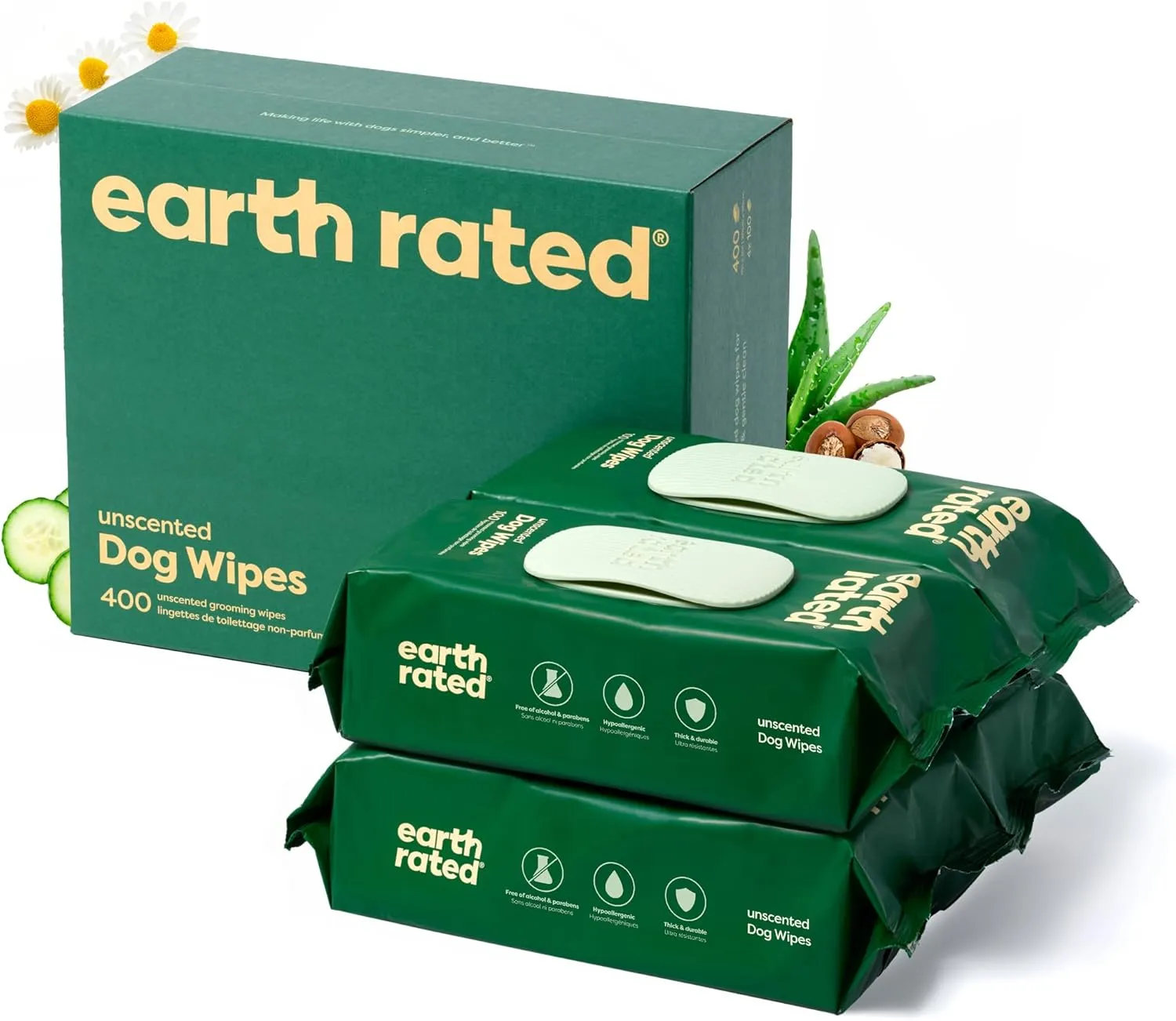 Earth Rated Pet Grooming Wipes for Dogs and Cats, Hypoallergenic, Cleaning and Hydrating, for Paws, Body and Butt, Unscented, 400 Count