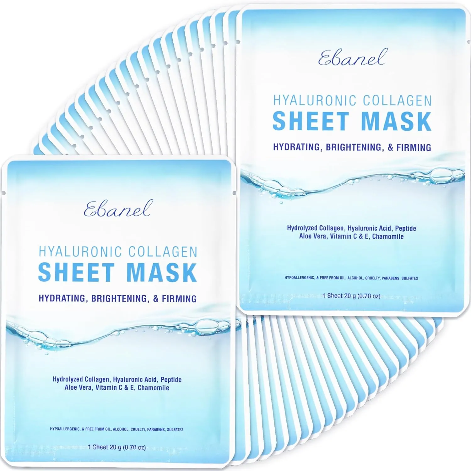 Ebanel 40 Pack Collagen Peptide Hydrating Face Masks, Instant Brightening Firming Anti Aging Face Sheet Masks, Moisturizing Spa Facial Mask Skincare with Hyaluronic Acid, Vitamin C, Chamomile, Aloe