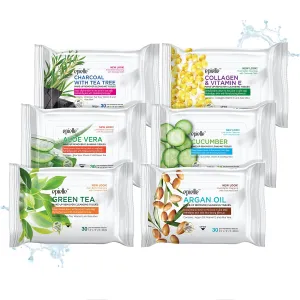 Epielle New Makeup Remover Cleansing Wipes Tissue, Gentle for all Skin Types, Removes Oil, Makeup - Charcoal, Collagen, Aloe, Cucumber, Green Tea, Argan Oil, 30 Count, Assorted Pack of 6, Easter Gift